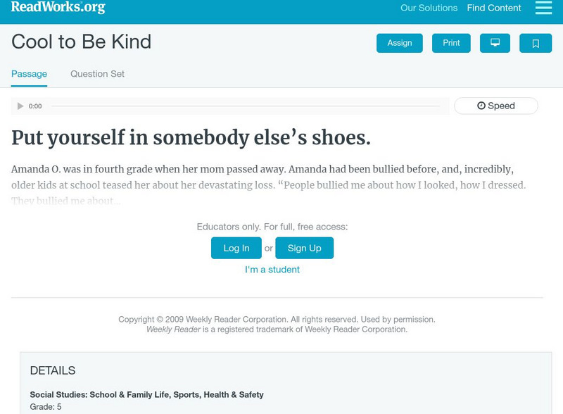 Read Works: Cool to Be Kind Activity Read Works: Cool to Be Kind Activity