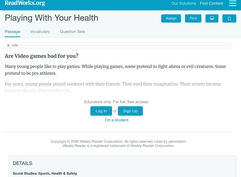 Read Works: Playing With Your Health Activity Read Works: Playing With Your Health Activity