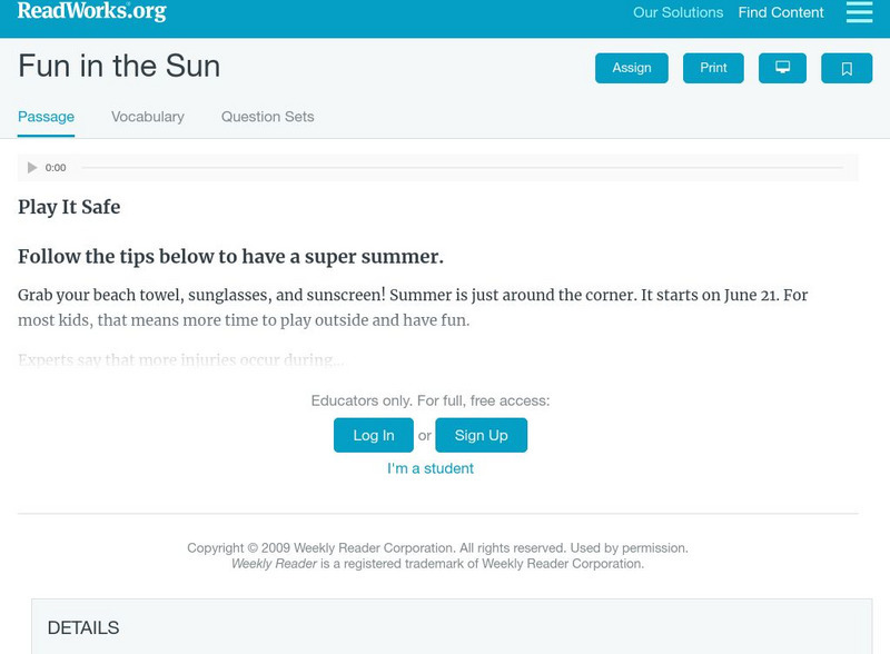 Read Works: Fun in the Sun Activity Read Works: Fun in the Sun Activity