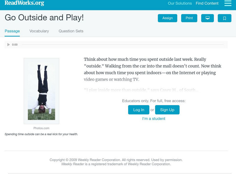 Read Works: Go Outside and Play! Activity Read Works: Go Outside and Play! Activity