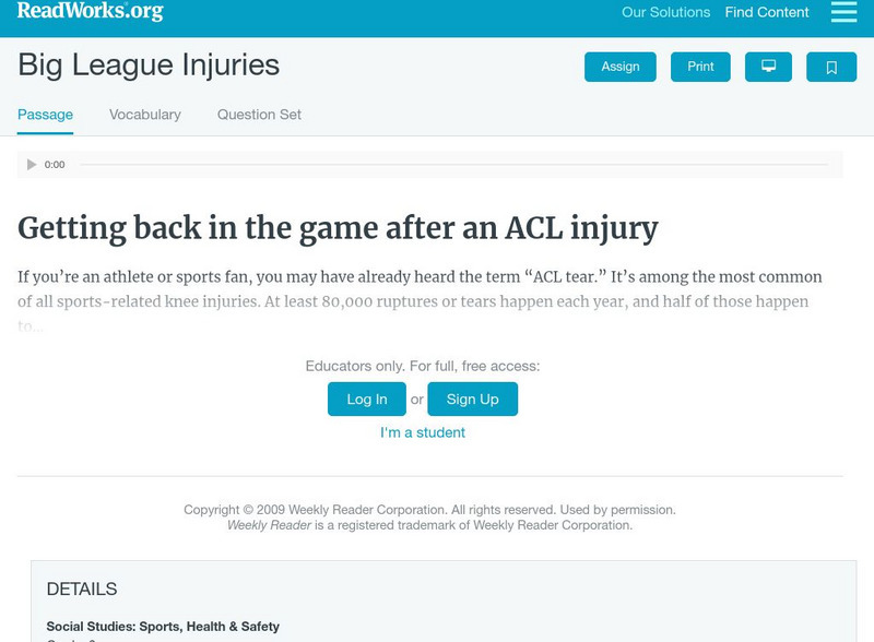 Read Works: Big League Injuries Activity