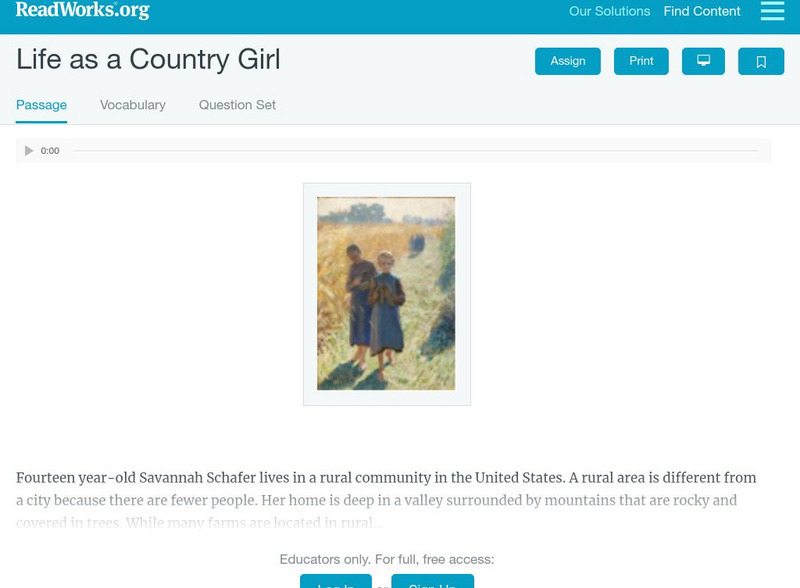 Read Works: Life as a Country Girl Activity Read Works: Life as a Country Girl Activity