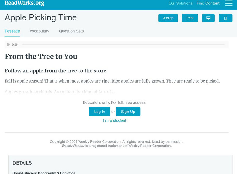 Read Works: Apple Picking Time Activity Read Works: Apple Picking Time Activity