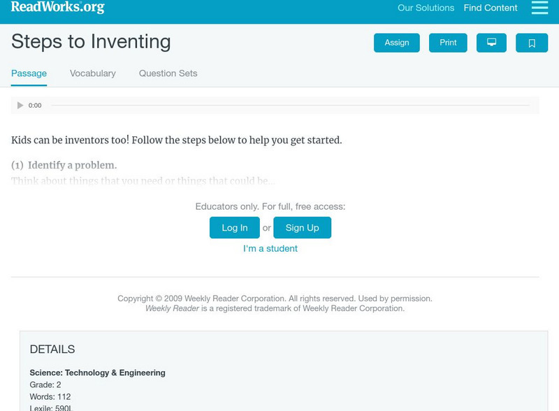 Read Works: Steps to Inventing Activity Read Works: Steps to Inventing Activity