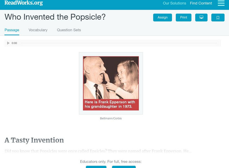 Read Works: Who Invented the Popsicle? Activity