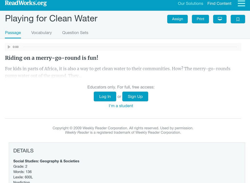 Read Works: Playing for Clean Water Activity Read Works: Playing for Clean Water Activity