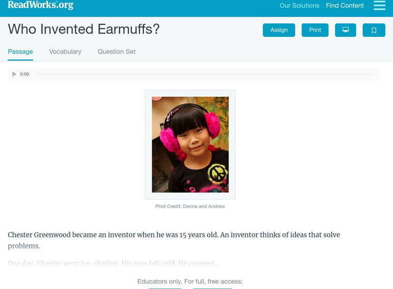 Read Works Who Invented Earmuffs? Activity for 1st Grade Lesson