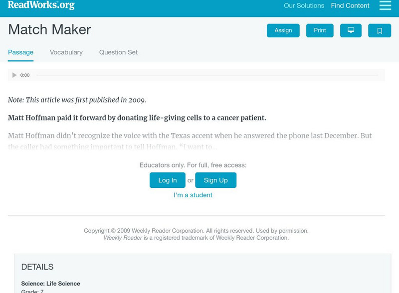 Read Works: Match Maker Activity