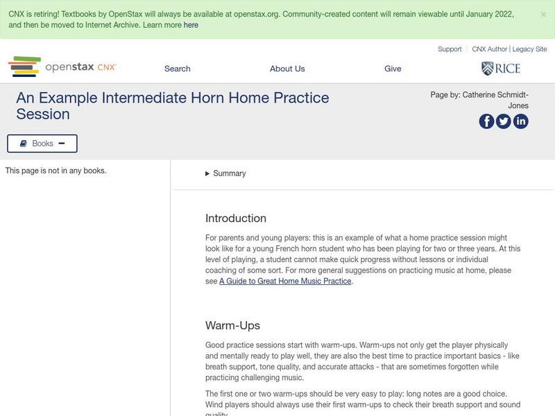 Open Stax: Catherine Schmidt Jones: An Example Intermediate Horn Home Practice Website