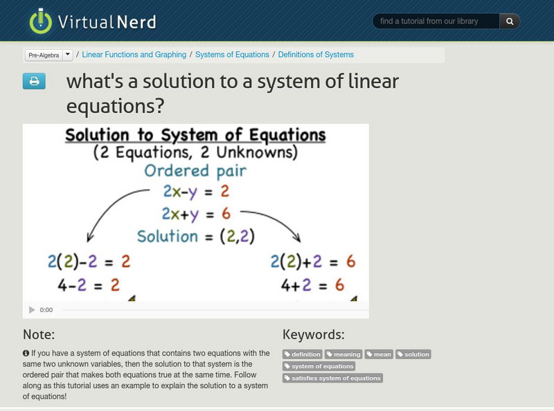 Virtual Nerd: What's a Solution to a System of Linear Equations? Instructional Video Virtual Nerd: What's a Solution to a System of Linear Equations? Instructional Video