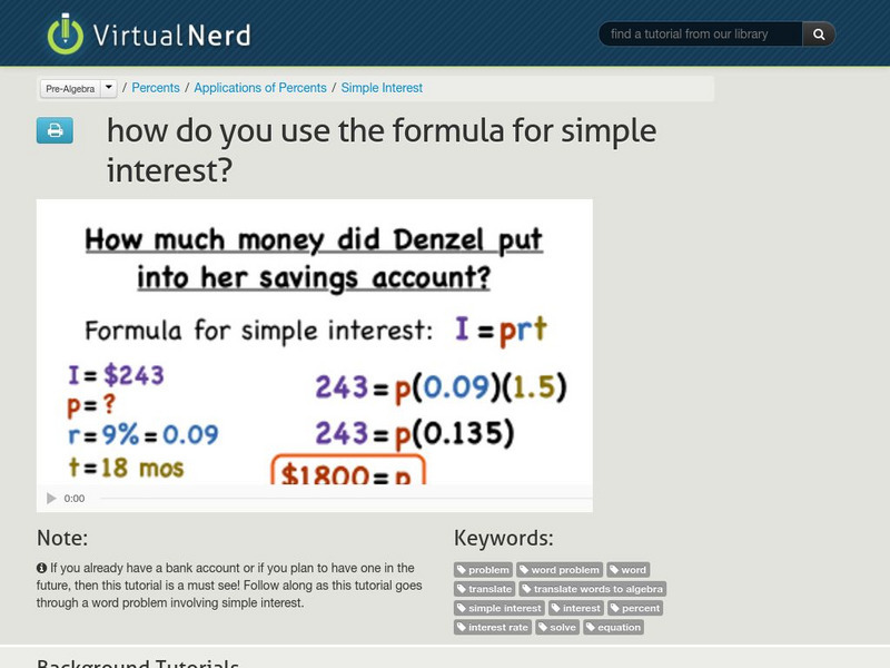 Virtual Nerd: How Do You Use the Formula for Simple Interest? Instructional Video