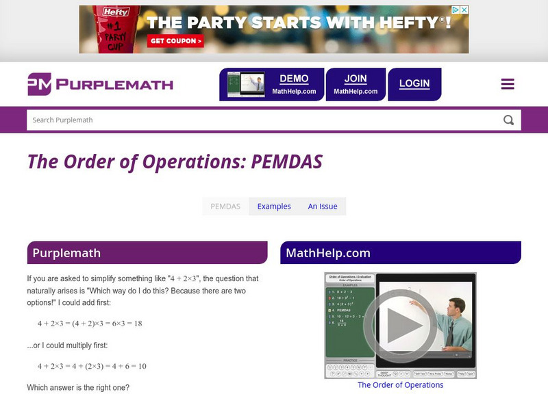 Purplemath: The Order of Operations: Pemdas Handout Purplemath: The Order of Operations: Pemdas Handout