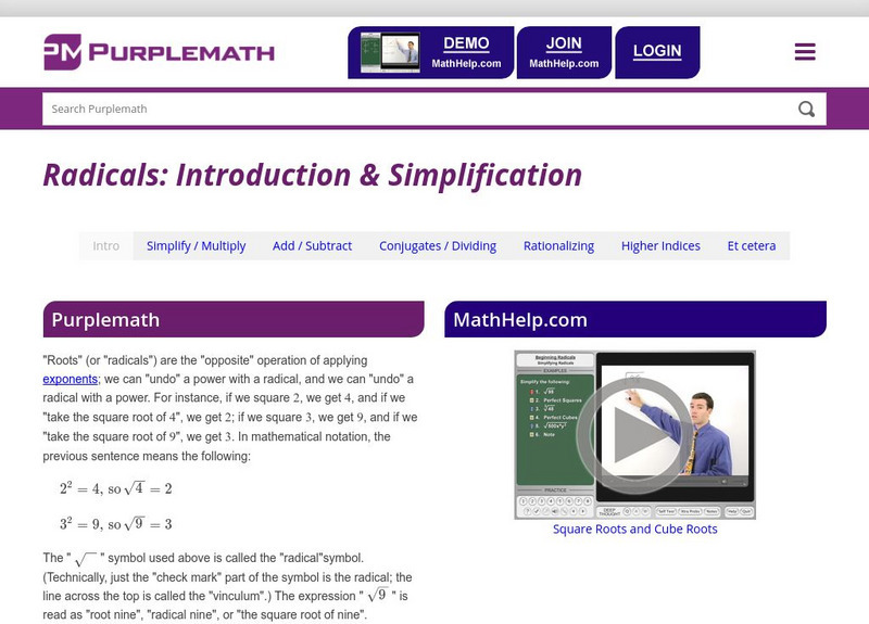 Purplemath: Square Roots: Introduction & Simplification Handout Purplemath: Square Roots: Introduction & Simplification Handout
