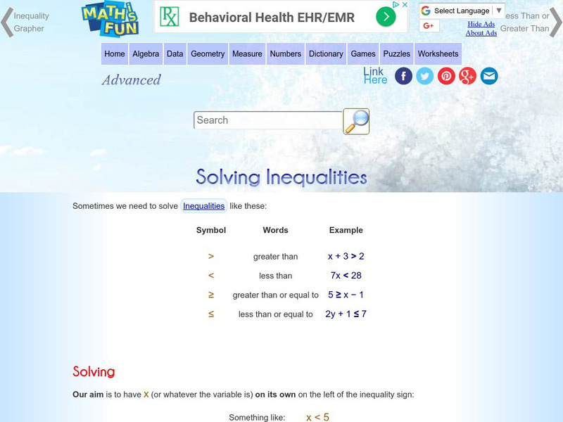 Math Is Fun: Solving Inequalities Activity Math Is Fun: Solving Inequalities Activity