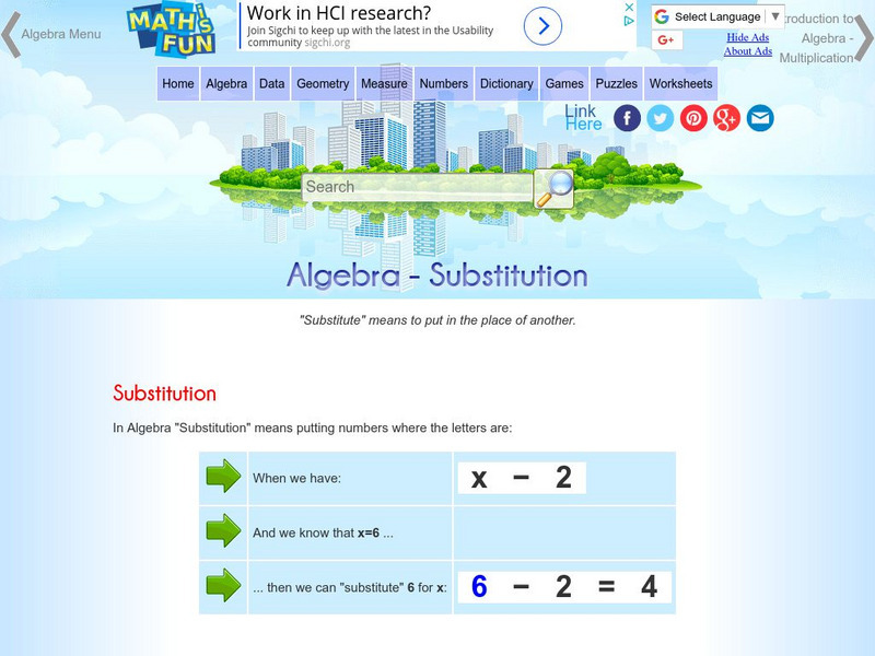 Math Is Fun: Algebra: Substitution Activity Math Is Fun: Algebra: Substitution Activity
