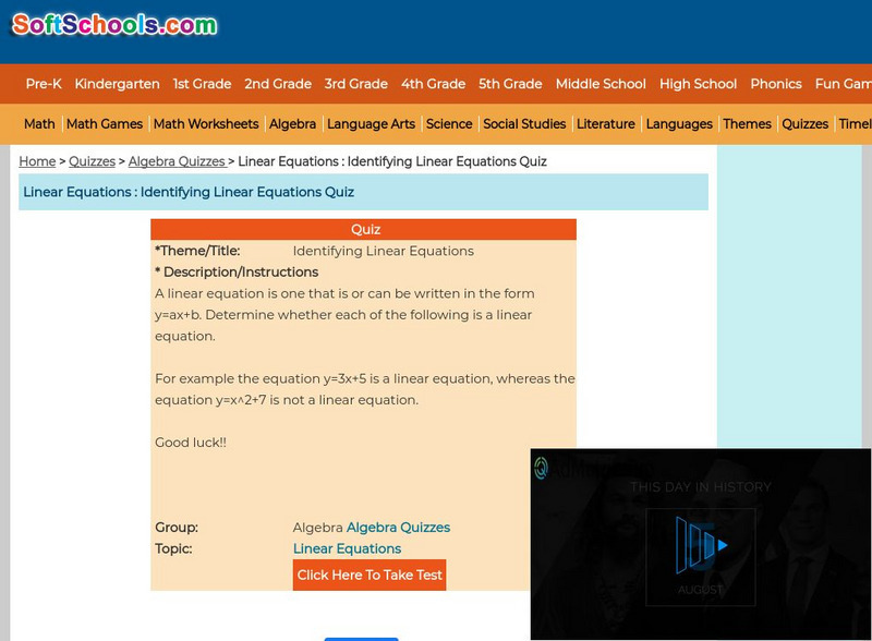 Soft Schools: Identifying Linear Equations Quiz Unknown Type Soft Schools: Identifying Linear Equations Quiz Unknown Type