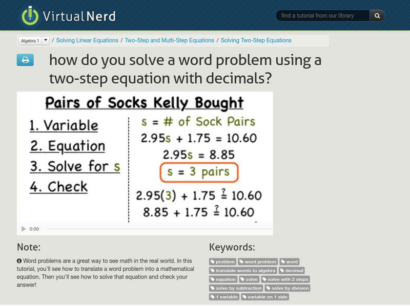 Virtual Nerd: Solving a Word Problem Using a Two Step Equation With Decimals? Instructional Video