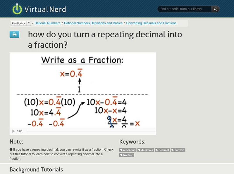 Virtual Nerd: How Do You Turn a Repeating Decimal Into a Fraction? Instructional Video Virtual Nerd: How Do You Turn a Repeating Decimal Into a Fraction? Instructional Video