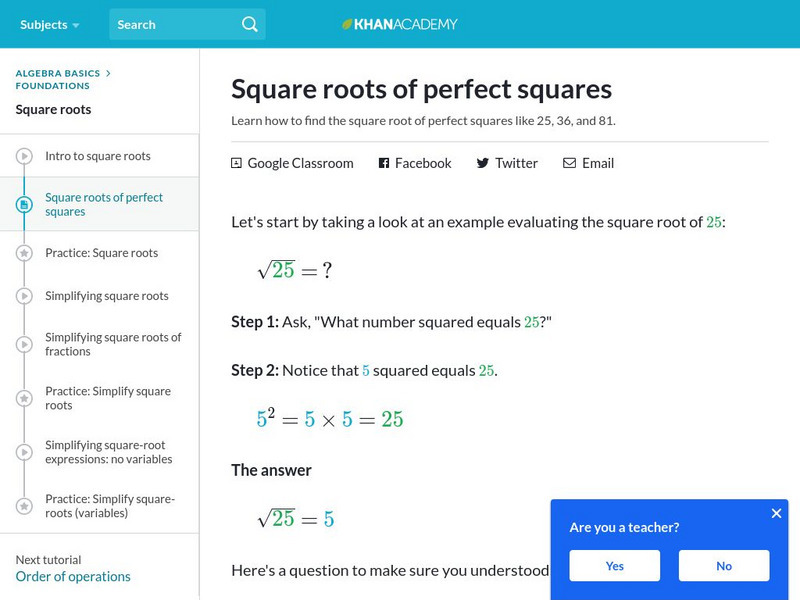 Khan Academy: Square Roots of Perfect Squares Article Khan Academy: Square Roots of Perfect Squares Article