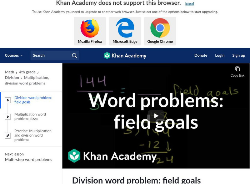 Khan Academy: Division Word Problem: Field Goals Instructional Video
