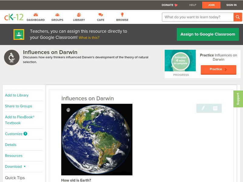 Ck 12: Life Science: Influences on Darwin Unit Plan Ck 12: Life Science: Influences on Darwin Unit Plan