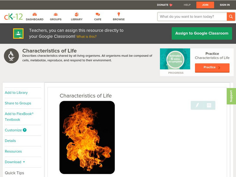 Ck 12: Life Science: Characteristics of Life Unit Plan Ck 12: Life Science: Characteristics of Life Unit Plan