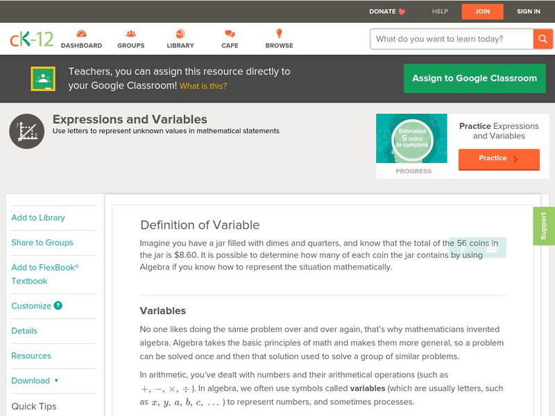 Ck 12: Algebra: Definition of Variable Unit Plan Ck 12: Algebra: Definition of Variable Unit Plan