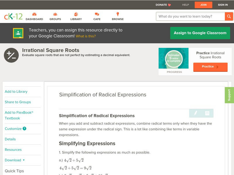 Ck 12: Algebra: Simplification of Radical Expressions Unit Plan Ck 12: Algebra: Simplification of Radical Expressions Unit Plan