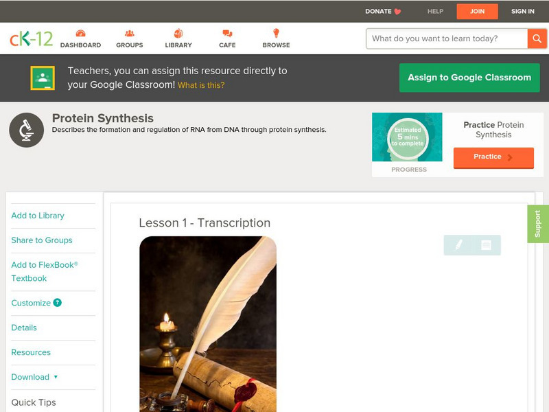 Ck 12: Biology: Transcription of Dna to Rna Unit Plan Ck 12: Biology: Transcription of Dna to Rna Unit Plan