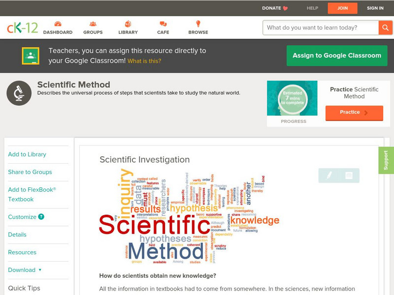 Ck 12: Life Science: Scientific Investigation Unit Plan