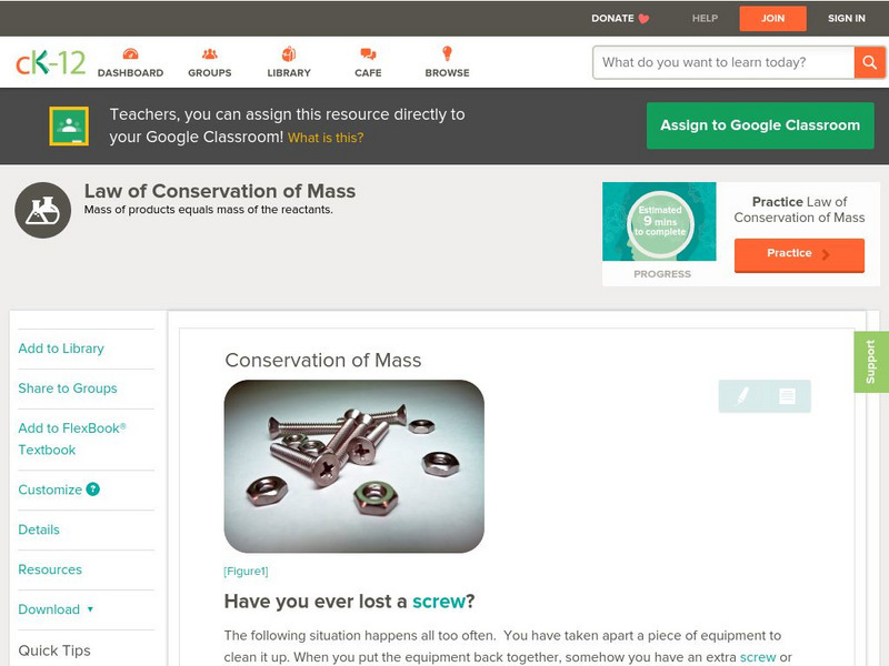 Ck 12: Chemistry: Conservation of Mass Unit Plan Ck 12: Chemistry: Conservation of Mass Unit Plan