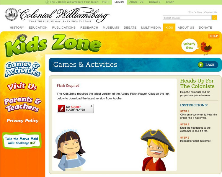 Colonial Williamsburg: Kids Zone: Heads Up for the Colonists Interactive Colonial Williamsburg: Kids Zone: Heads Up for the Colonists Interactive