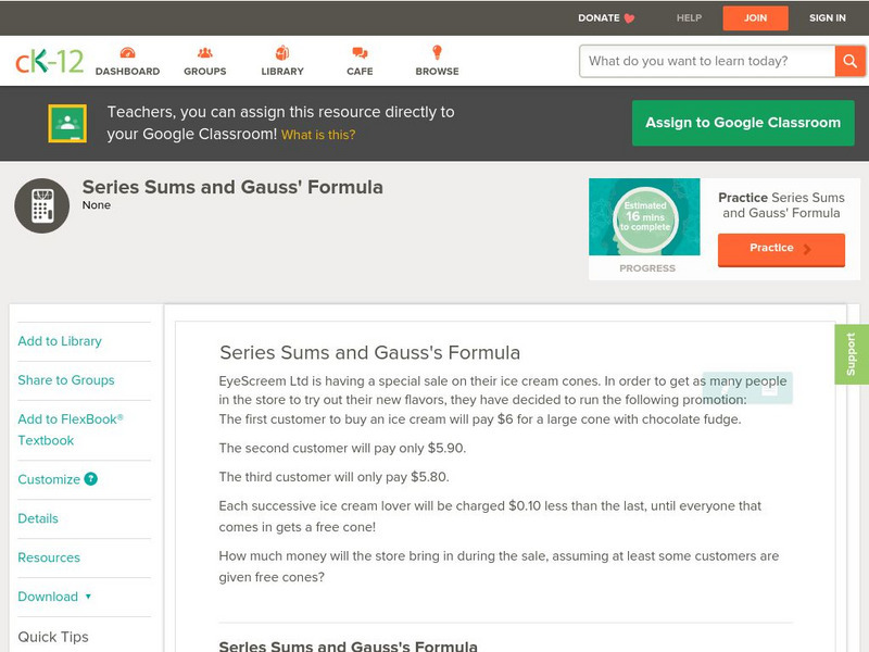 Ck 12: Analysis: Series Sums and Gauss' Formula Unit Plan Ck 12: Analysis: Series Sums and Gauss' Formula Unit Plan