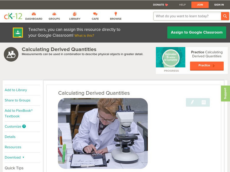 Ck 12: Physical Science: Calculating Derived Quantities Unit Plan