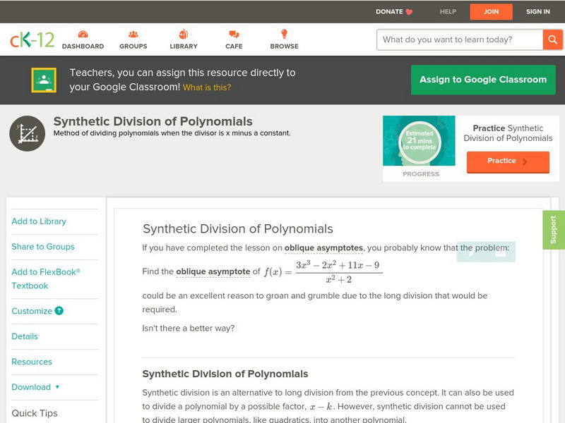 Ck 12: Analysis: Synthetic Division of Polynomials Unit Plan