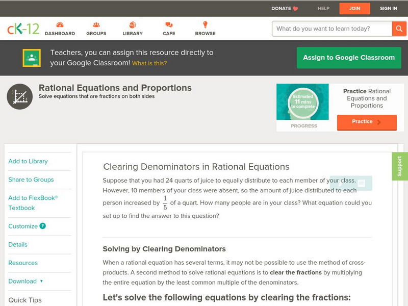 Ck 12: Algebra: Clearing Denominators in Rational Equations Unit Plan