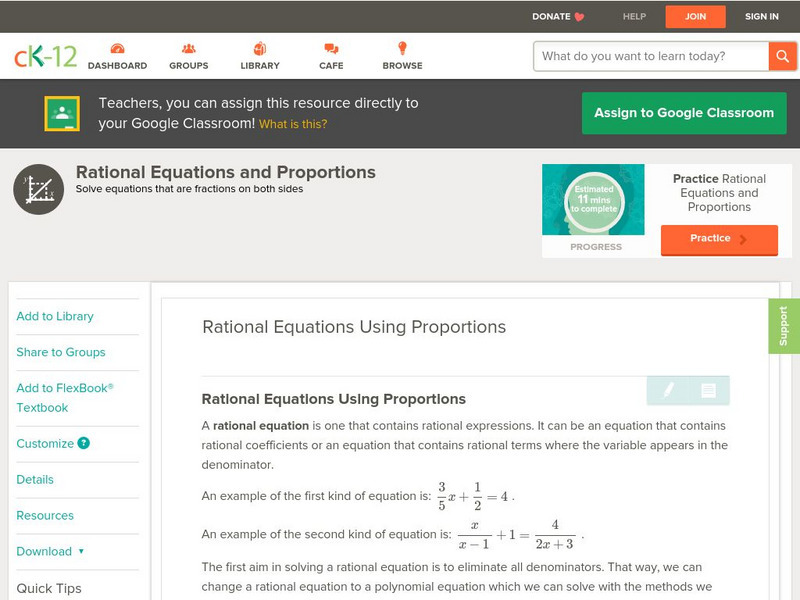 Ck 12: Algebra: Rational Equations Using Proportions Unit Plan