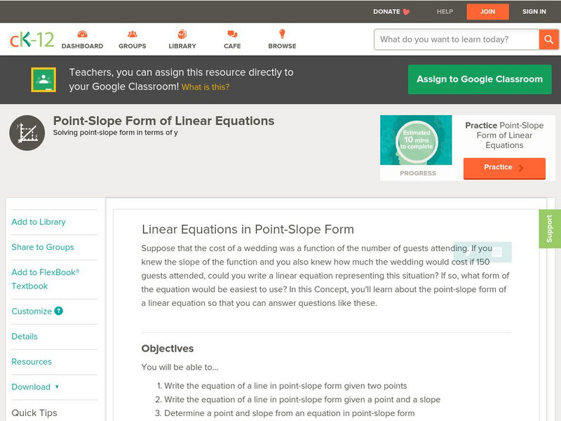 Ck 12: Algebra: Linear Equations in Point Slope Form Unit Plan Ck 12: Algebra: Linear Equations in Point Slope Form Unit Plan