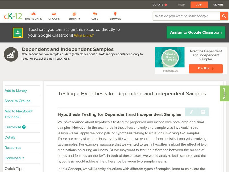 Ck 12: Testing a Hypothesis for Dependent and Independent Samples Unit Plan