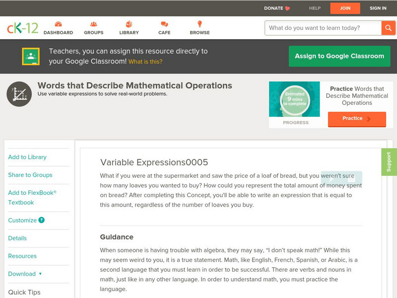 Ck 12: Algebra: Variable Expressions Unit Plan Ck 12: Algebra: Variable Expressions Unit Plan