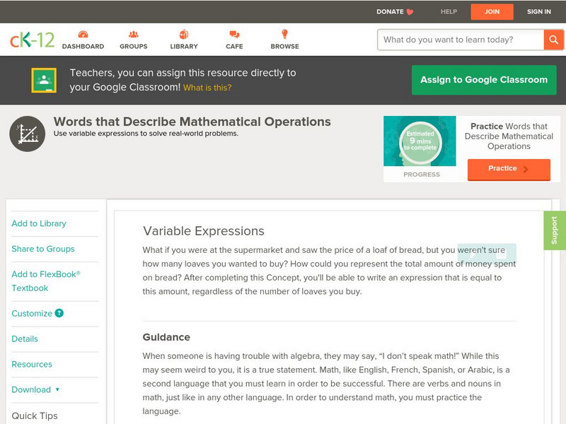 Ck 12: Algebra: Variable Expressions Unit Plan Ck 12: Algebra: Variable Expressions Unit Plan