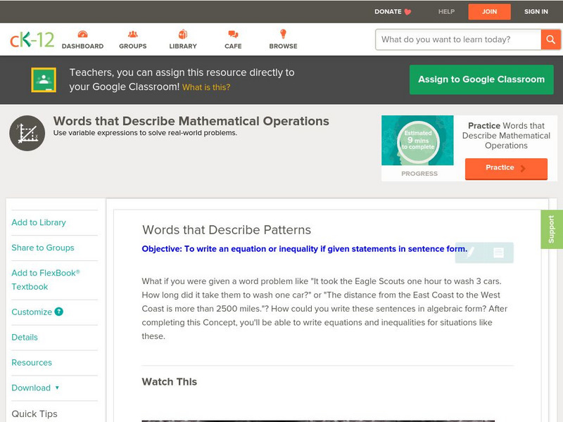 Ck 12: Algebra: Words That Describe Patterns Unit Plan Ck 12: Algebra: Words That Describe Patterns Unit Plan