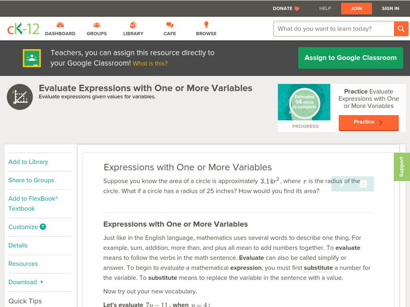 Ck 12: Algebra: Expressions With One or More Variables Unit Plan