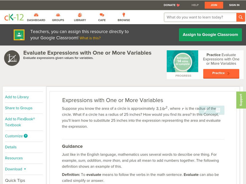 Ck 12: Algebra: Expressions With One or More Variables Unit Plan