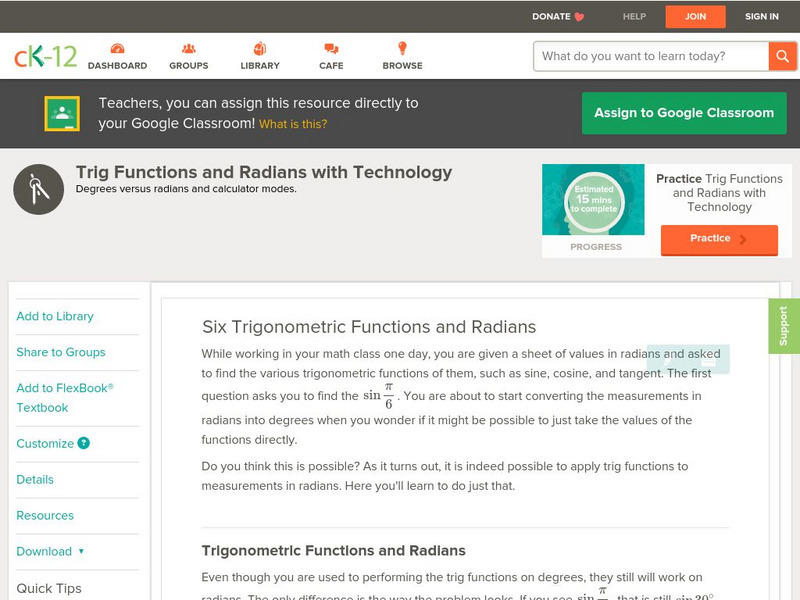 Ck 12: Trigonometry: Six Trigonometric Functions and Radians Unit Plan Ck 12: Trigonometry: Six Trigonometric Functions and Radians Unit Plan