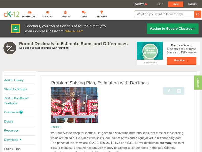 Ck 12: Arithmetic: Problem Solving Plan, Estimation With Decimals Unit Plan Ck 12: Arithmetic: Problem Solving Plan, Estimation With Decimals Unit Plan