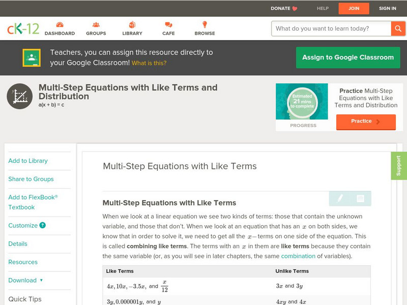 Ck 12: Algebra: Multi Step Equations With Like Terms Unit Plan Ck 12: Algebra: Multi Step Equations With Like Terms Unit Plan