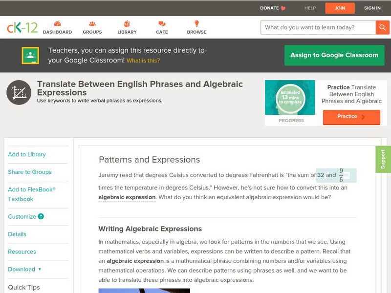 Ck 12: Algebra: Patterns and Expressions Unit Plan Ck 12: Algebra: Patterns and Expressions Unit Plan