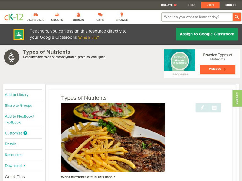 Ck 12: Life Science: Types of Nutrients Unit Plan