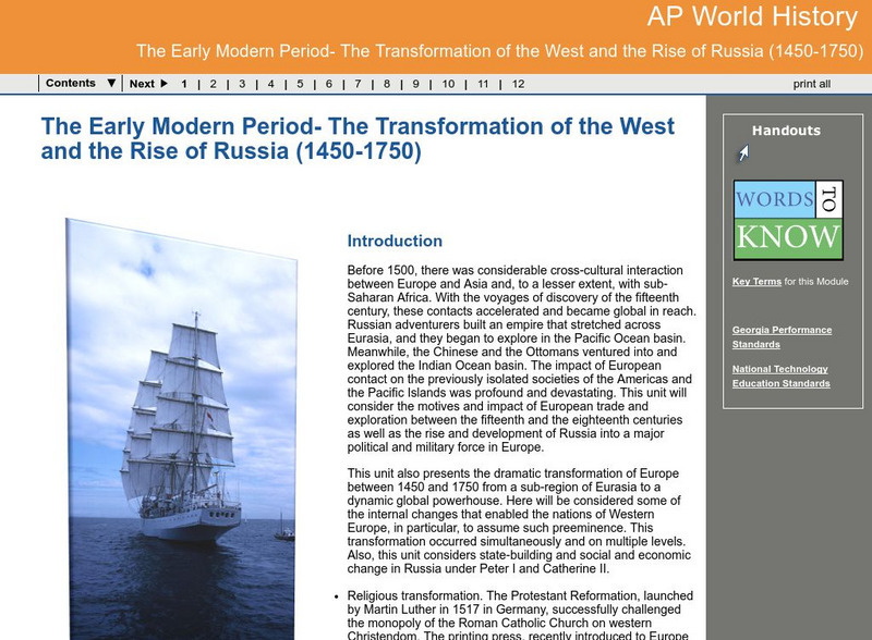 Ga Virtual Learning: Ap World His: Early Modern Per Trans of West,rise of Russia Unit Plan